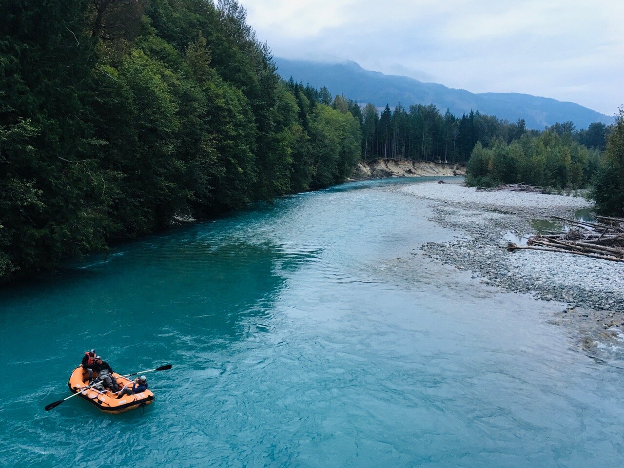 Rafting on the Pitt River by the River Cabin.